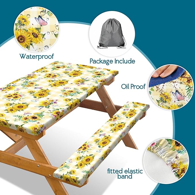Sunflower Picnic Table Cover with Bench Covers, Yellow Buffalo Plaid Farmhouse Elastic Camping Table Cloth Picnic Party Essentials, Vintage Floral Rectangular Table Cloth Cover
