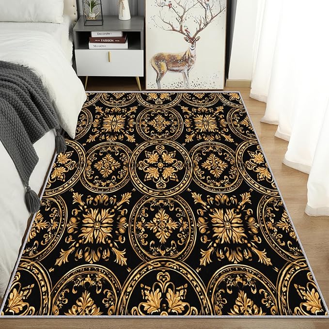 Black Gold Baroque Rug Small, Washable 2x3 Throw Rug for Entryway, Floral Geometric Patterned Indoor Door Mat, Black Gold Baroque Decor for Home, Bedroom, Soft Non Slip Thin Design FER62