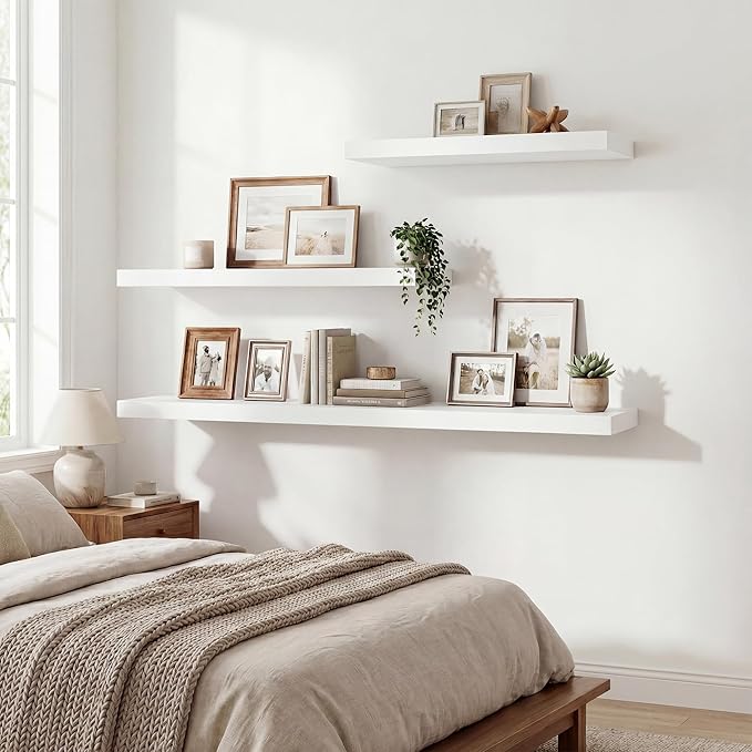 Acovy Floating Shelves for Wall 9 Inch,9.3" Deep Square Floating Shelf Set of 3,Wall Shelves Hanging Shelf with Invisible Brackets,Wall Mounted Shelf for Kitchen Living Room Bedroom Bathroom,White