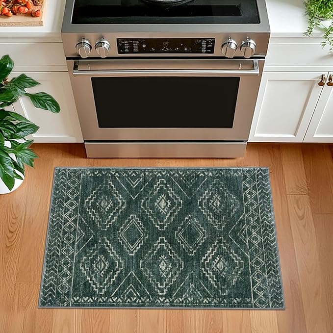 KILOCOCO Boho Entryway Rug 2x3 Printed Small Area Rug Indoor Door Mat Machine Washable Kitchen Rugs Super Soft Non Slip Throw Rugs for Bedroom Entrance Geometric Laundry Room, Green