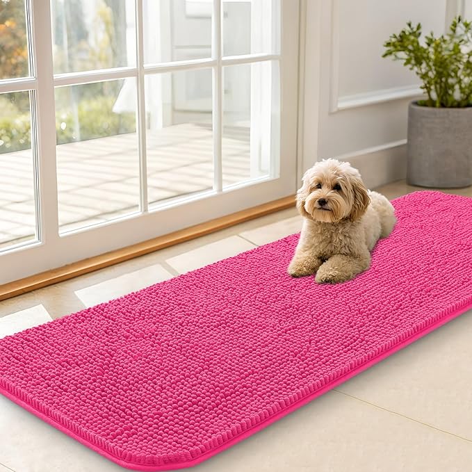 OLANLY Dog Door Mat for Muddy Paws 59x20, Absorbs Moisture and Dirt, Absorbent Non-Slip Washable Doormat, Quick Dry Chenille Mud Mat for Dogs, Entry Indoor Entryway Carpet for Inside Floor, Hot Pink
