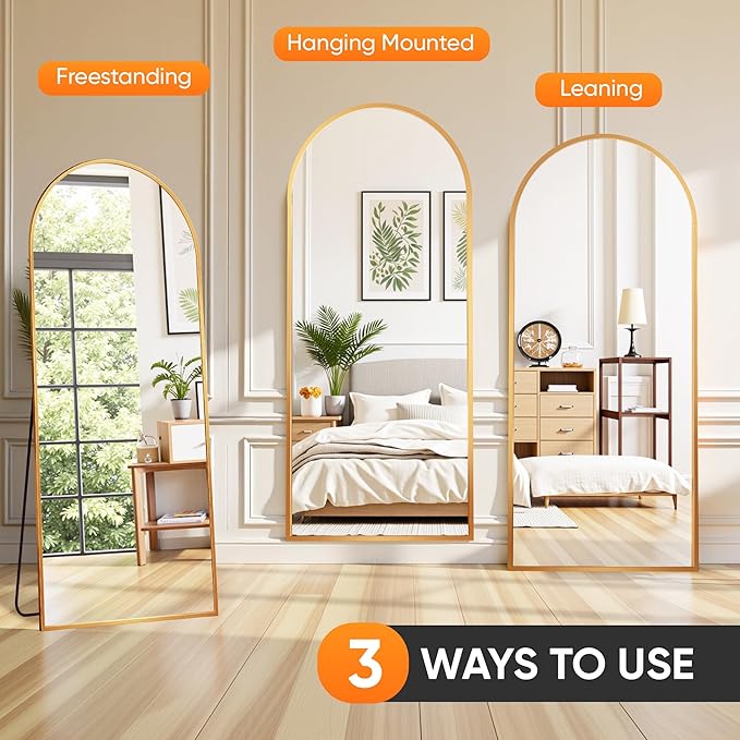 Suidia Full Length Mirror, 58"x21" Floor Standing Mirror Freestanding, Full Body Mirrors with Stand for Bedroom, Hanging Mounted for Living Room Cloakroom, Gold, Arched Style
