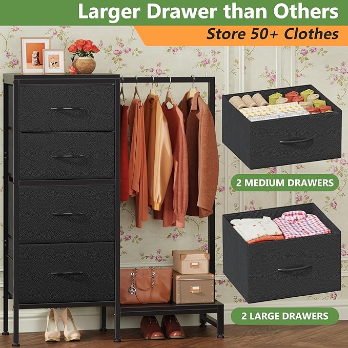 HIGDBFE Dresser with Hanging Rack, 4 Drawers Small Closet for Bedroom, Reversible Fabric Kids Chest of Drawers with Clothes Rack, Tall Storage Tower, Sturdy Frame, Black, 44''H