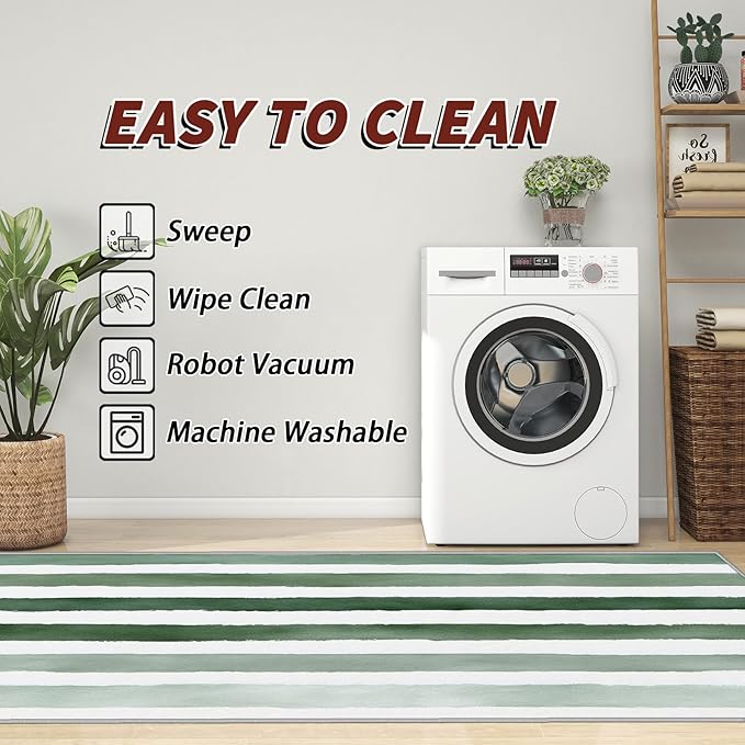 Striped Rugs for Living Room - 5x6ft - Green and White Stripe Minimalist Watercolor Rug for Bedroom Non Slip Low Pile Machine Washable Area Rugs, Striped Carpets House Decor & Gifts