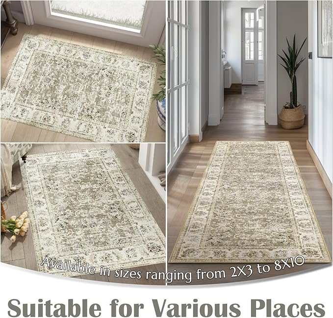 jinchan Fiora Floral 2x3 Rug for Entryway - Vintage Washable Area Rug Ultra-Thin Low Pile Soft Small Non Slip Distressed Indoor Door mat Accent for Entrance Kitchen Bathroom Bedroom (2x3ft, Taupe)
