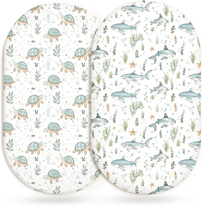Bassinet Sheets for Baby Girls Boys 2 Pack, Fitted Baby Mattress Sheet for Rectangle, Oval, Hourglass Bassinet Mattress, Breathable Cozy & Universal Fit (Turtle & Shark)