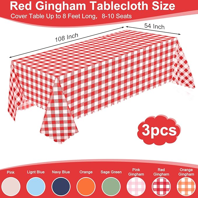 3 Pack Red Gingham Tablecloths, 54 X 108Inch Plastic Red and White Checkered Tablecloth Disposable Picnic Table Cloths Waterproof Outdoors Tablecloth for Camping Picnic Barbecue Birthday Party