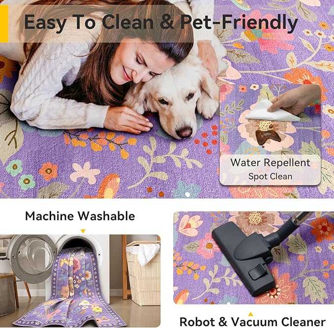 Floral 2x3 Area Rug Machine Washable Soft Print Boho Carpet Non Slip Doormat Low Pile Flower Area Rugs for Living Room Bedroom Nursery Kitchen Dining Room Indoor-Purple/Pink/Multi