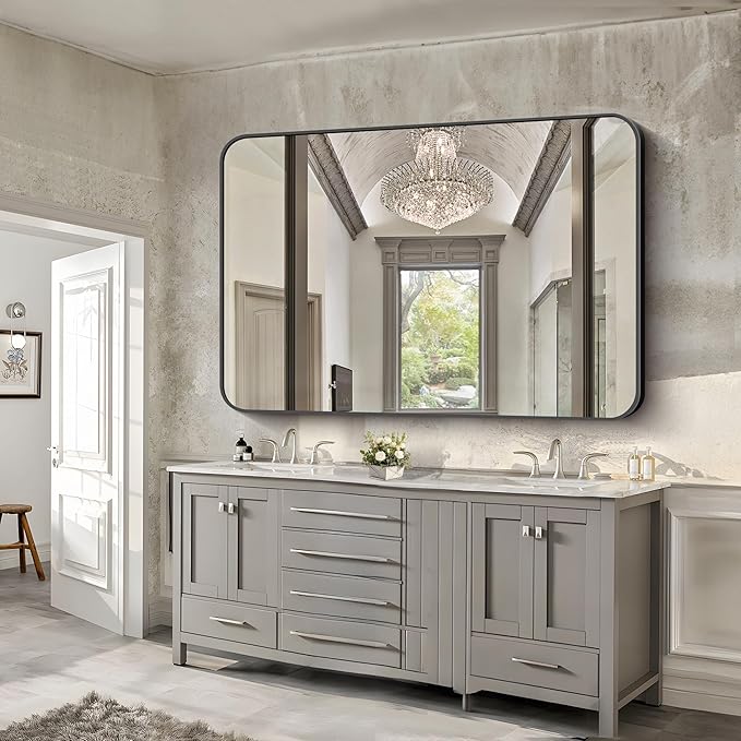 FORBATH Large Bathroom Mirror 60" x 40", Black Rectangle Metal Framed Rounded Corner Wide Wall Mounted Mirror for Bathroom Bedroom Entryway Decor(Horizontal/Vertical)