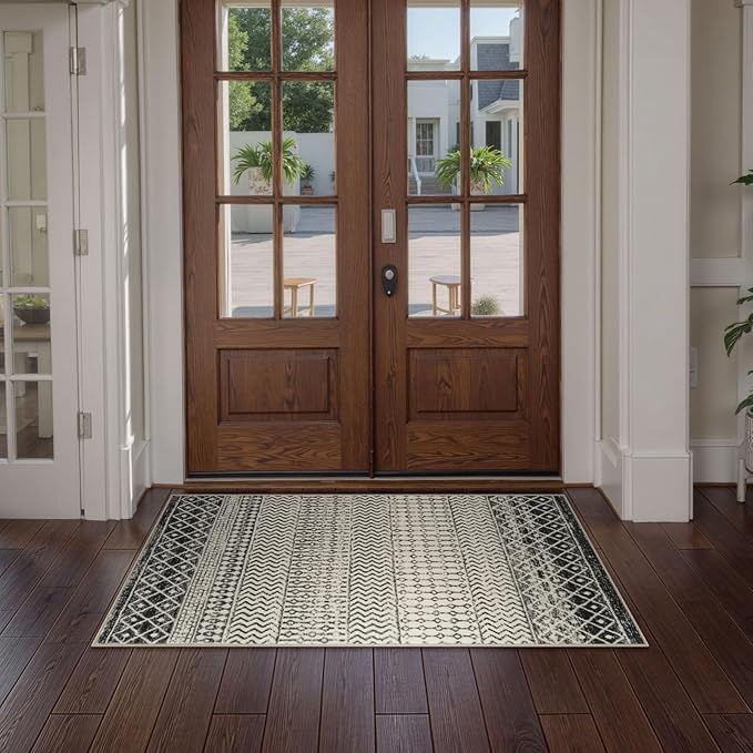 Moroccan Washable Rug for Entryway, 2x4 Black Distressed Non-Slip Door Mat Indoor Entrance, Soft Low-Pile Accent Rug Boho Area Rug for Bedroom Bathroom Kitchen