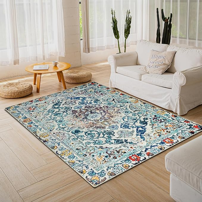 Easy-Going Area Rug 5x7 Washable Boho Rugs for Living Room Non-Slip Bedroom Rug Low Pile Lightweight Medallion Distressed Throw Rug for Dining Room Kitchen Home Office Carpet, Vintage Multi