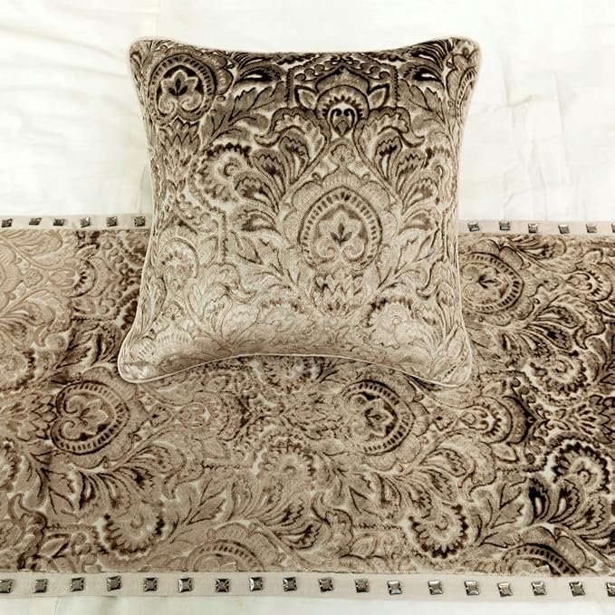 The HomeCentric King/Queen/Twin Beige Decorative King 90"x18" Bed Runner with Pillow Cover, Velvet Damask & Crystal Border Bed Scarf on Velvet Fabric - Henriretta
