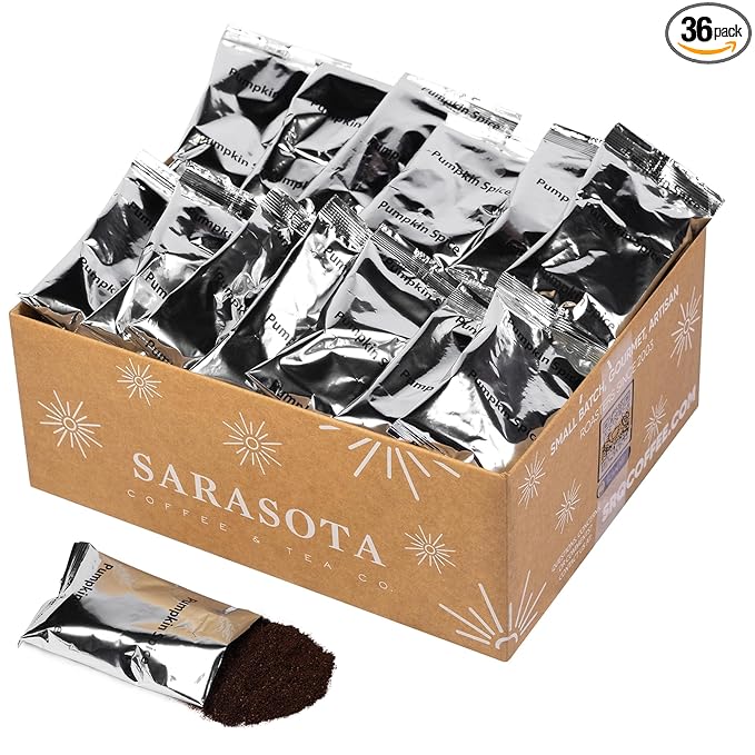 Sarasota Coffee Ground Packets | Gourmet Flavored Medium Roast Bulk Coffee Packs | Pumpkin Spice | Low Acid Mold Free Singles Individual Pouches for 12 Cups Maker | 2 Ounce Bags, 36 Count