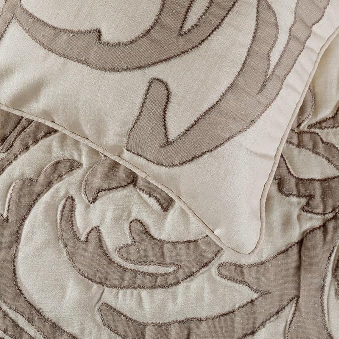 The HomeCentric Handmade Ivory & Beige King 90 x 18 inch Bed Runner with Matching Pillow Cover, Linen Lurex Applique Bed Scarf, Abstract Modern - Pretty Dainty