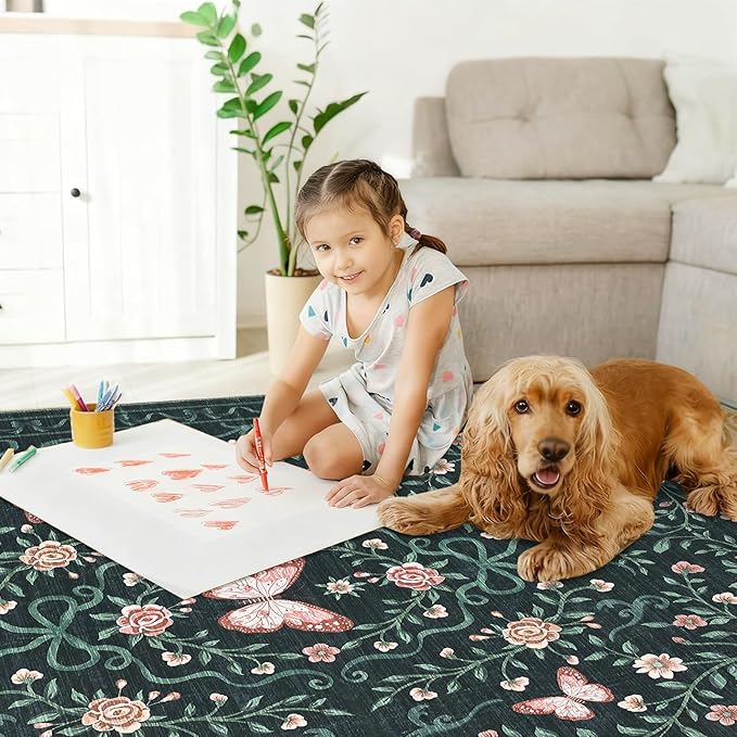 GarveeHome Washable Floral Area Rug 5x7 for Living Room Non Slip Bedroom Rug Soft Stain Resistant Large Dining Room Throw Carpet Low Pile Black Bow Rugs Butterfly Flower Carpet for Nursery Entry, 5x7