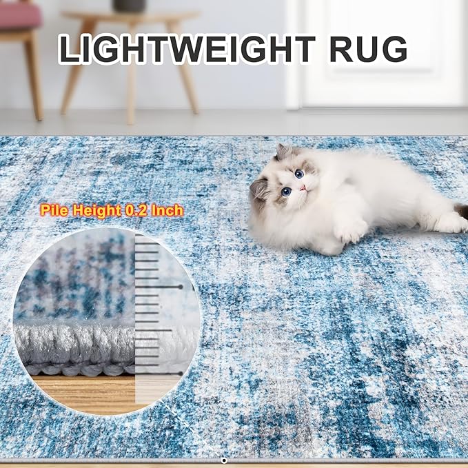 Area Rugs Living Room Rug - 5x7 Washable Modern Abstract Soft Neutral Non-Slip Carpet Large Indoor Floor Thin Carpets for Bedroom Dining Room Farmhouse Nursery Home Office Blue Grey