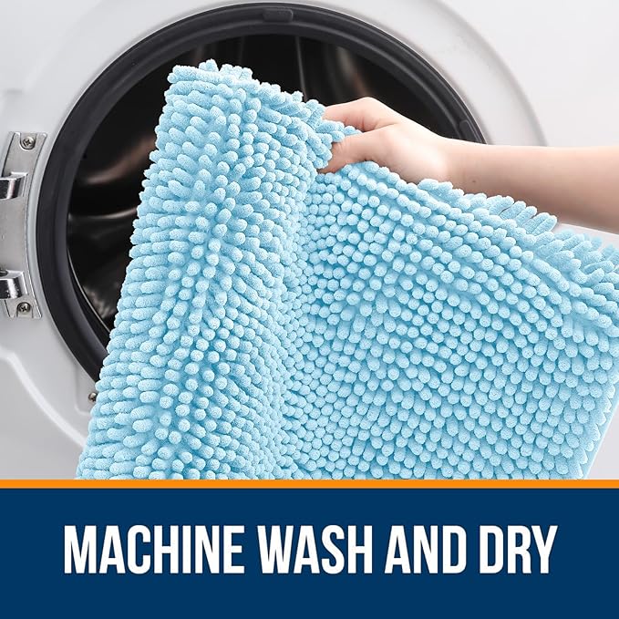 OLANLY Bathroom Rugs 47x20, Extra Soft Absorbent Chenille Bath Rugs, Rubber Backing Quick Dry, Machine Washable Bath Mats for Bathroom Floor, Tub and Shower, Home Decor Accessories, Sky Blue