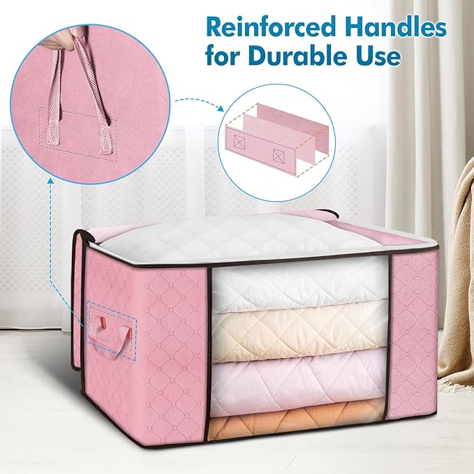 90 L Large Storage Bags, 8 Pack Clothes Storage Bins Foldable Closet Organizer Storage Containers with Durable Handle Storage and Organization, Blanket, Comforters, Bed Sheets, Pillows and Toys (Pink)