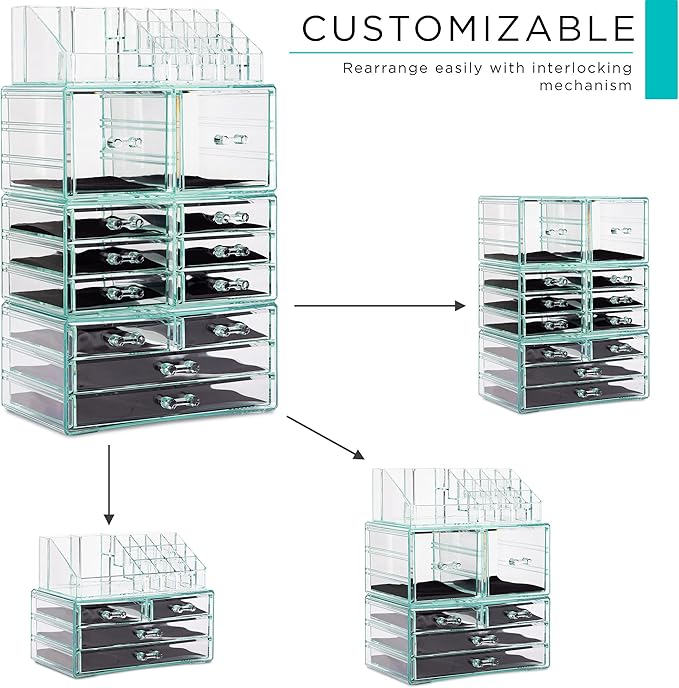 Sorbus Large Makeup Organizer - Clear Stackable Jewelry & Makeup Organizer For Vanity, Bathroom Storage, Dresser - 12 Drawers Cosmetic Beauty Organizers and Storage with Lipstick, Makeup Brush Holder