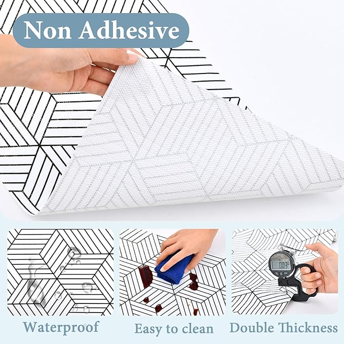 Shelf Liners for Kitchen Cabinets 12in x 30FT, Non Adhesive Cabinet Liner Strong Non-Slip Thickened Black White Geometric Drawer Liner, Easy to Clean for Shelf, Cabinet with Knife and Tape Measure