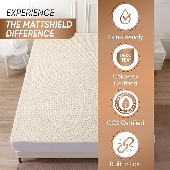 Luxury Waterproof Organic Mattress Protector Twin - Organic Cotton Breathable Mattress Pad Cover - Premium 380 GSM Comfort - Deep Pocket - Jersey Cotton Skirt - Fitted Design