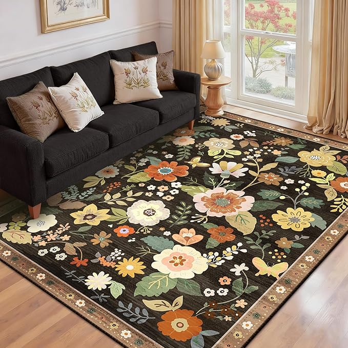 Floral 9x12 Area Rug Machine Washable Soft Print Boho Carpet Non Slip Doormat Low Pile Flower Area Rugs for Living Room Bedroom Nursery Kitchen Dining Room Indoor-Black/Yellow/Red