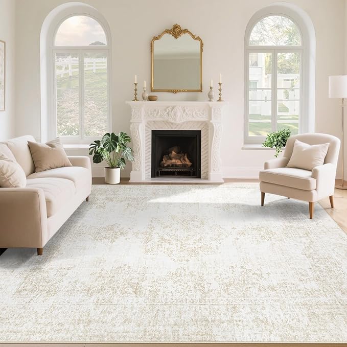 Vintage Living Room Area Rug - 8x10 Large Machine Washable Boho Moroccan Rug Distressed Farmhouse Rugs for Bedroom - Soft Non-Slip Indoor Carpet for Dining Room Office Nursery(Ivory, 8'x10')