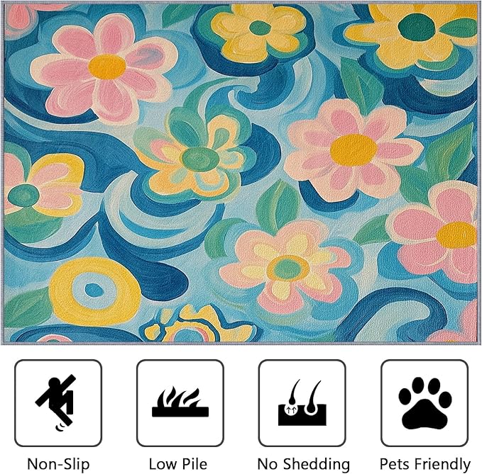 Floral Large Area Rug - 7x10 Rug - Modern Artistic Flower Rugs for Living Room Non Slip Low Pile Machine Washable Area Rugs, Floral Carpets Home Decor & Gifts