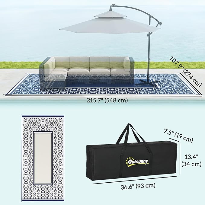 Outsunny Outdoor Rug for Patio, 9' x 18' Waterproof Large Mat, Reversible Plastic Straw Rug for Decor, Portable Outside RV Camping Area Carpet Mat for Backyard Porch Deck Picnic, Blue & White Gourd