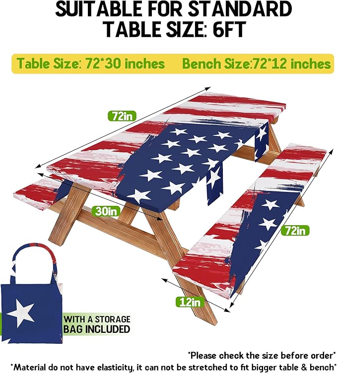 Picnic Table Cover with Bench Covers Waterproof Rectangle Tablecloth Camping Essentials Supplies Rv Travel Must Haves Gear Accessories Fitted Table Cloth Outdoor Road Trip Camper Gifts American Flag