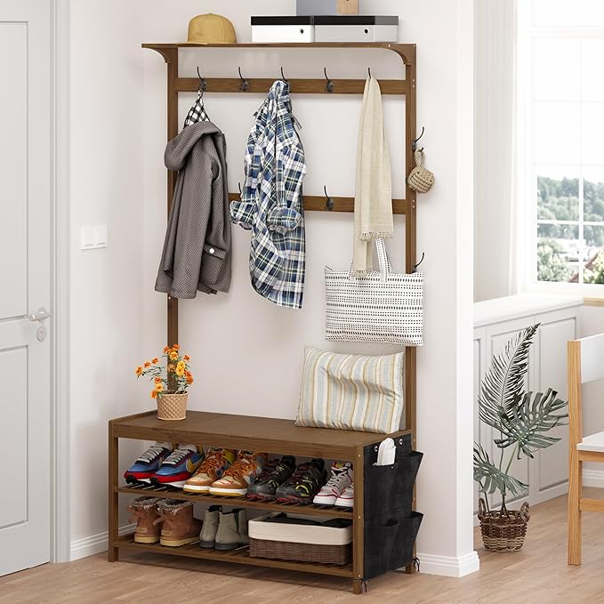 AMBIRD Hall Tree with bench and shoe storage, Entryway Bench with shoe storage, 6-in-1 Coat Rack with Cloth Bag and14 Coat Hooks, Sturdy Bamboo Frame, Large Size, Brown 39 * 15 * 70 Inches