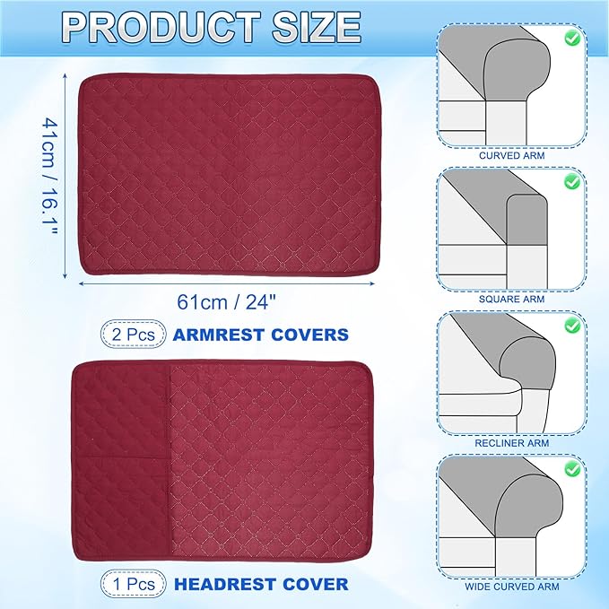 uxcell 3 PCS Armrest Covers, Couch Arm Cover Furniture Protect Slide Recliner Chair Armchair Covers with Side Storage Pocket for Sofa Recliner, Red