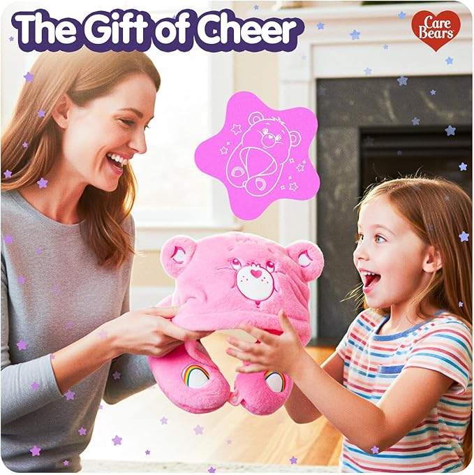 Care Bears - Cheer Bear Snuggle Hood, Travel Pillow with Hood, Soft Plush Neck Support, Lightweight, Comfortable and Breathable, Airplane, Care and Train Travel - Pink