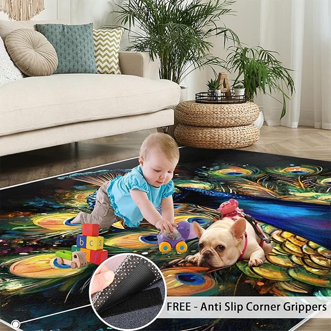 Peacock Rugs for Bedroom - 4x5 Area Rug - 3D Peacock Rugs for Living Room, Abstract Watercolor Animal Rug, Non-Slip Washable Home Decor Carpet