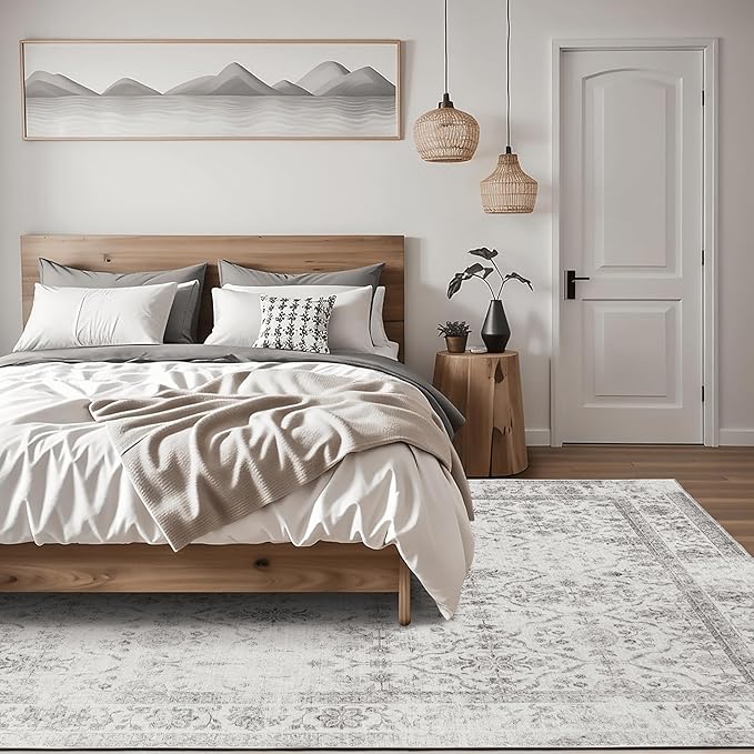 ReaLife Rugs Machine Washable Area Rug Runner - Living Room Bedroom Bathroom Kitchen Entryway Office - Padded Low Pile Stain Resistant Premium - Boho Farmhouse Vintage - Noor - Ivory Grey 3' x 5'