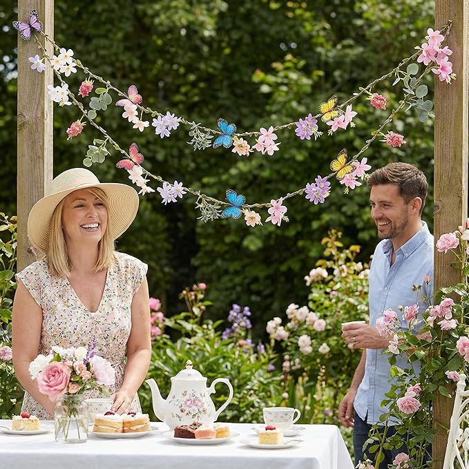 Hahafelt 2 Pcs 6.56 ft Spring Wildflower Garland Banner with Butterfly Green Leaves Artificial Fake Hanging Flower Vine for Garden Tea Party Fairy Wall Home Wedding Indoor Outdoor Decor (Wildflower)