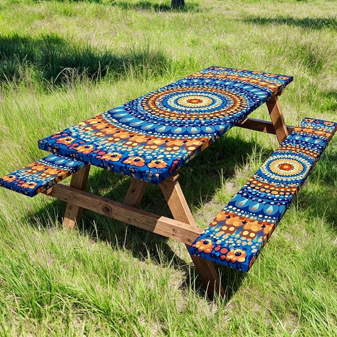 Picnic Table Cover with Bench Covers and Bag, Camping Essentials, Waterproof Windproof Camping Tablecloth, Fitted Tablecloth Cover with Elastic Edge for Indoor Outdoor 3 PCS 30x60 Inch