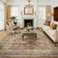 9x12 Rust Vintage Area Rug for Living Room Bedroom Distressed Rustic Large Carpet Non-Slip Low Pile Lightweight Vacuumable Soft Washable Throw Rug for Indoor Dining Room