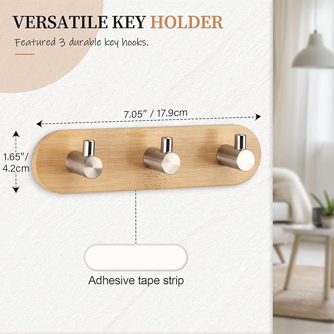Nekon Bamboo Key Holder for Wall, Wall Mount Key Organizer with 3 Hooks, Decorative Coat Rack for Entryway, Kitchen, Bedroom, Bathroom (Silver Hooks)
