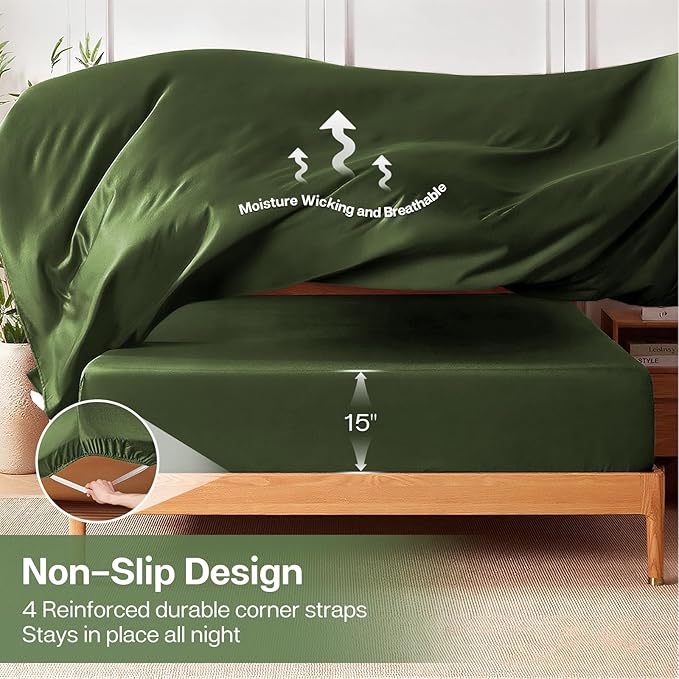 MR&HM Twin Fitted Sheet Only, Ultra-Soft Rayon Derived from Bamboo & Polyester Blend, Silky & Breathable, 15" Deep Pocket with Elastic Straps, Cooling Fitted Sheet for Hot Sleepers, Olive Green