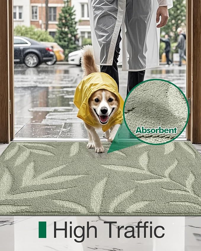 LUMI Front Door Mat Indoor Entrance 24"x36", Low Profile Welcome Mat, Non-Slip Washable Doormat with Rubber Backing for Entrance, Patio, Garage, Green