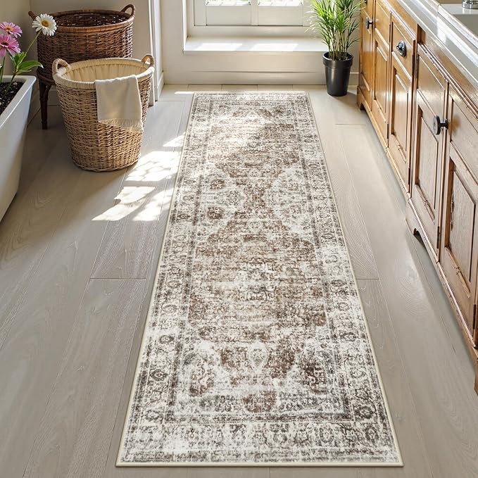 Uphome Bathroom Runner Rug, Distressed Tribal Farmhouse Khaki Bathroom Mat, Large Bathroom Rugs Non Slip Washable, Oriental Retro Boho Bath Mat Runner for Bathtub Sink Hallway, 24x71 inch