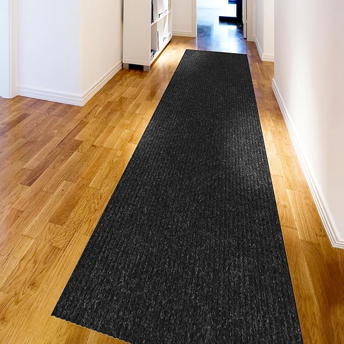 Ottomanson 2' x 28' Hallway Runner with Scraper Pile Extra Durable Non-Slip Rug Mat for Indoor & Outdoor Use - Ideal for Kitchen, Entryway, Patio & Garage - High-Traffic Carpet, Black
