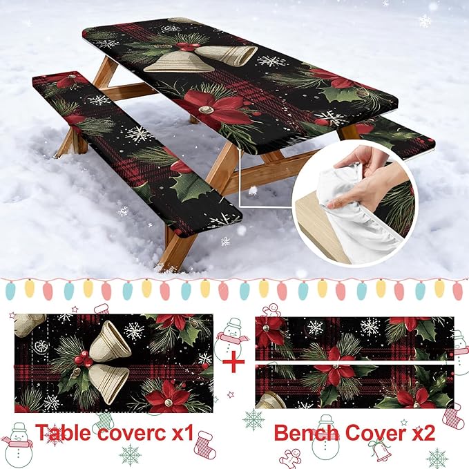 Picnic Table Cover with Bench Covers Set of 3, Elastic Fitted Tablecloth for 6 Foot Tables, Washable Polyester Tablecloths for Camping, Indoor & Outdoor