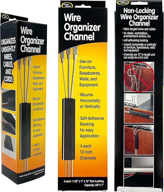 Electriduct Large J Channel Cable Raceway Self Adhesive Desk Cord Organizer and Wire Manager for Computer, Gaming and Entertainment Centers Kit - Black - (4) x 12" Piece Kit - 6 Pack