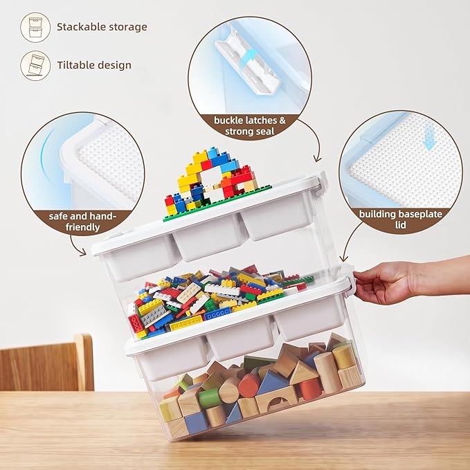 Citylife Toy Storage Box, 17 QT Building Brick Organizer with Buildable Baseplate Lid and Removable Trays, Kids Block Organizer for Playroom and Art Supplies, 2 Pack