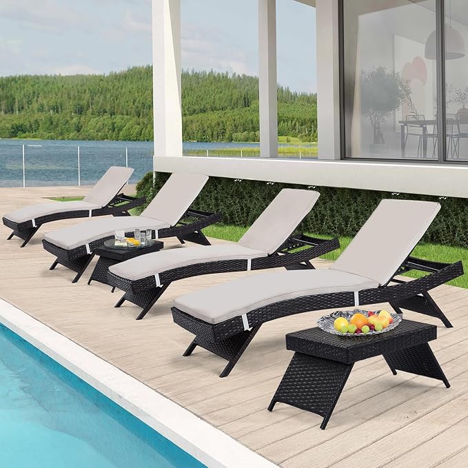 Outdoor Chaise Lounge Chairs + Coffee Tables Set of 6