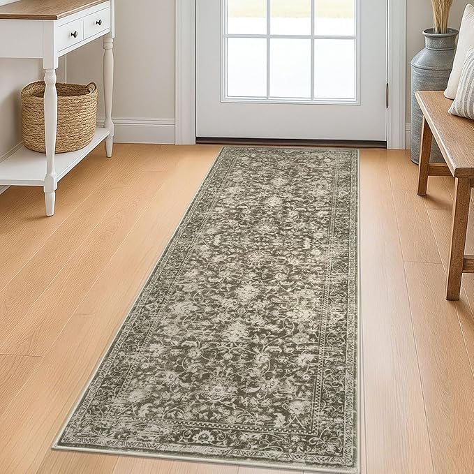 KILOCOCO Hallway Runner 2x5 Kitchen Runner Rug Printed Vintage Floral Washable Non-Slip Runners for Hallways Laundry Room Rugs Distressed Boho Rug Runners for Bedroom, Taupe/Green