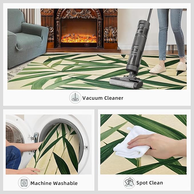 3x6 Bamboo Leaves Bedroom Rug Under Bed - Realistic Botanical Art Kids Room Rugs, Minimalist Leaves Bedroom Runner Rug Soft Washable for Living Room Kitchen