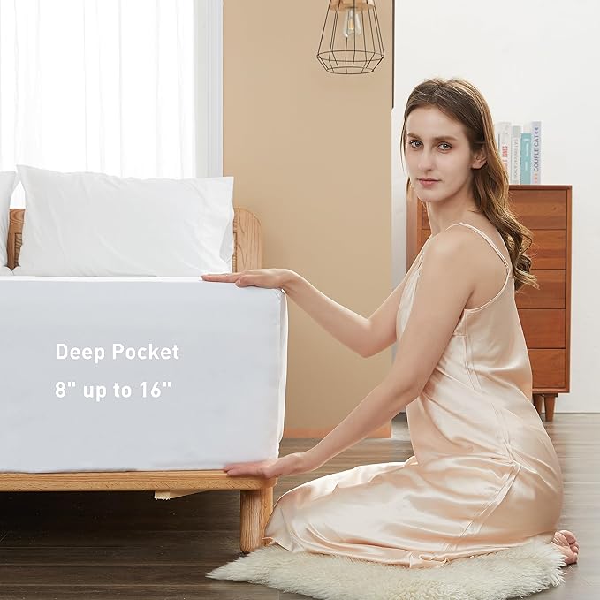 Sunflower Full Fitted Sheet, 1-Piece Deep Pocket Fitted Bottom Sheet 16", 100% Cotton Sateen Soft Breathable, White